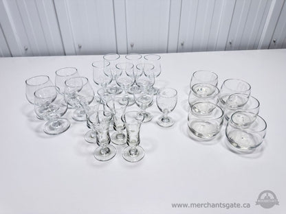 Large Mixed Glassware Lot Stemware Snifters Shot Glasses Etched Tumblers Set