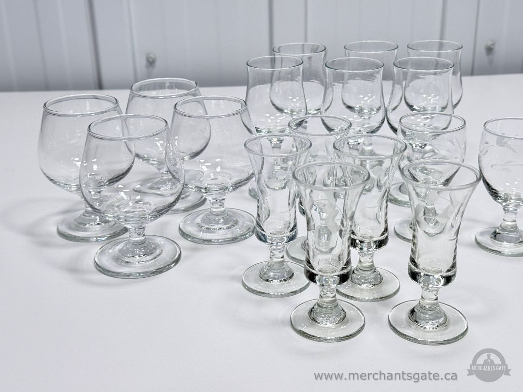 Large Mixed Glassware Lot Stemware Snifters Shot Glasses Etched Tumblers Set
