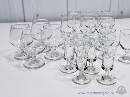 Large Mixed Glassware Lot Stemware Snifters Shot Glasses Etched Tumblers Set