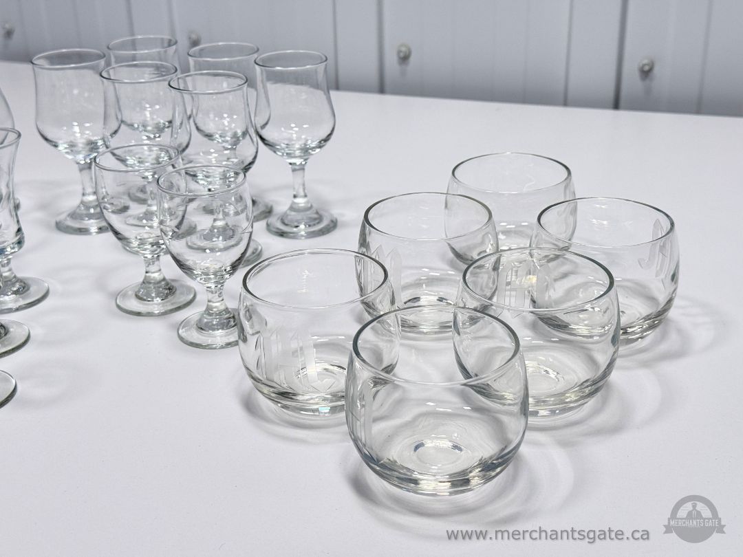 Large Mixed Glassware Lot Stemware Snifters Shot Glasses Etched Tumblers Set