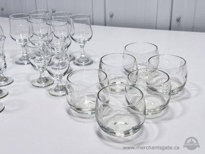 Large Mixed Glassware Lot Stemware Snifters Shot Glasses Etched Tumblers Set