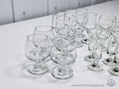 Large Mixed Glassware Lot Stemware Snifters Shot Glasses Etched Tumblers Set