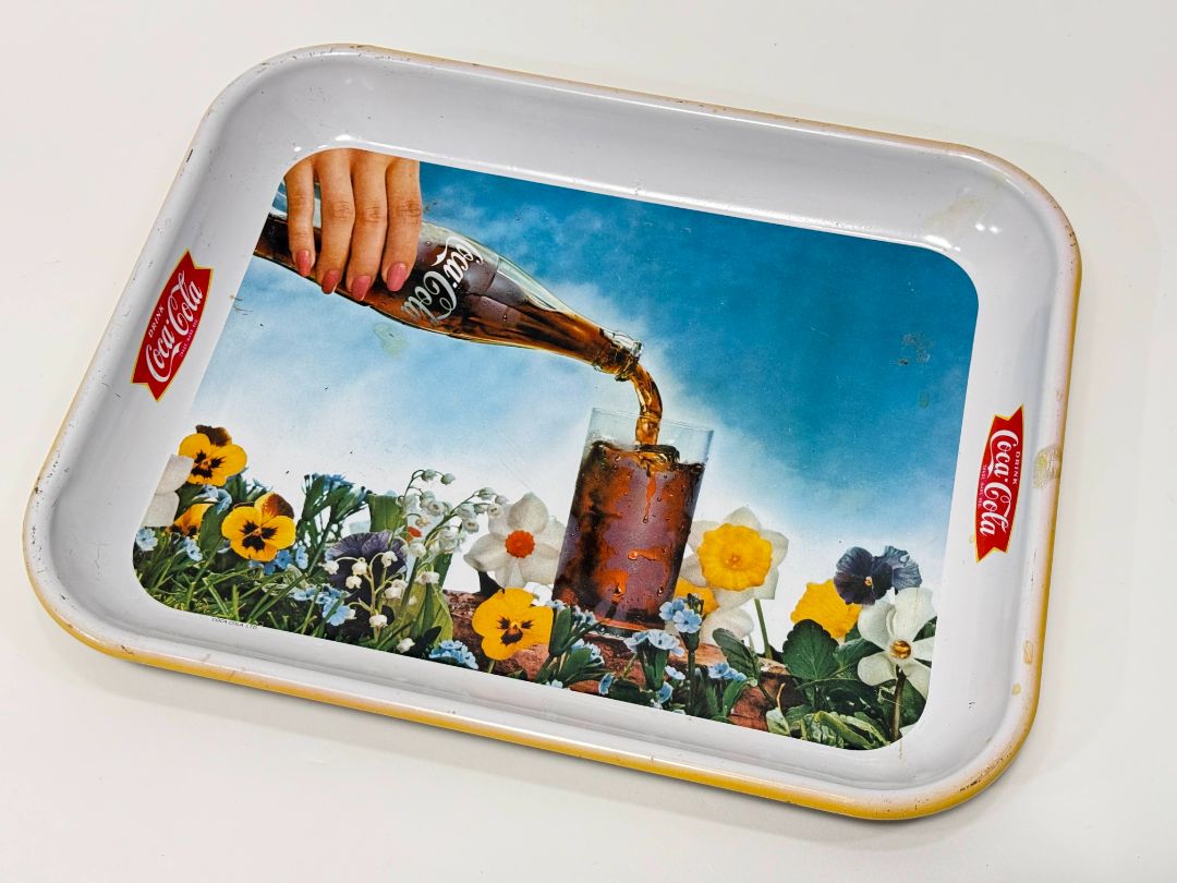 Vintage Coca-Cola Metal Tray – Floral Scene, 13"x10.5" (6 Available)