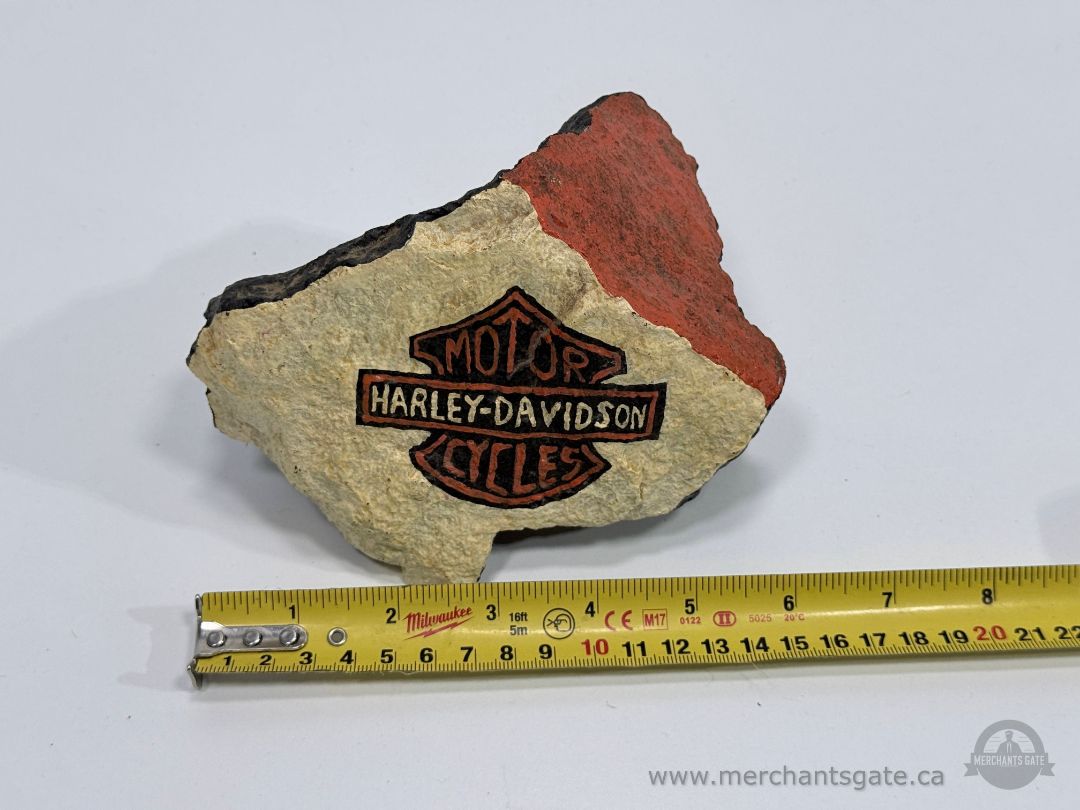 Harley Davidson Hand Painted Rock Motorcycle Logo Folk Art Decor Piece