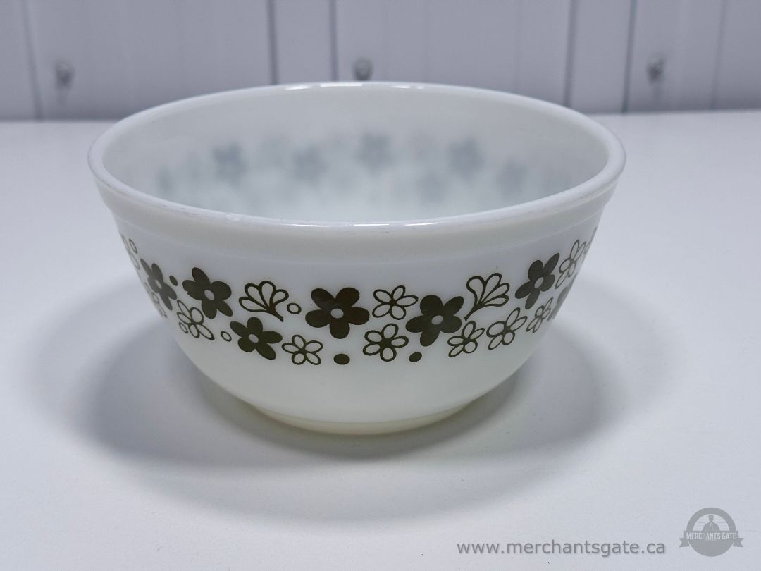 Vintage Pyrex Mixing Bowl White Glass Green Floral Pattern Retro Kitchen Bowl