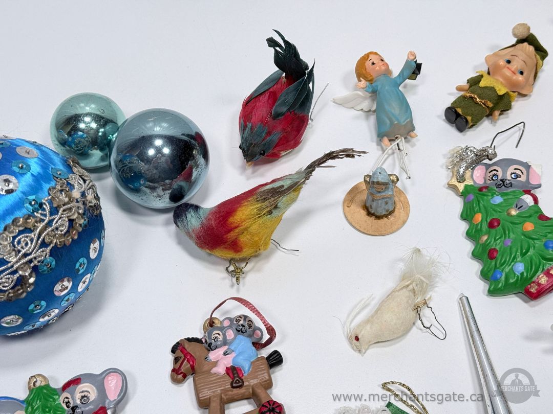 Vintage Christmas Ornament Lot Glass Mercury Feather Birds Spun Cotton Ceramic Mixed