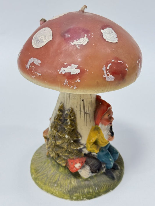 Hand-Painted German Gnome & Mushroom Wax Candle – 8" Tall