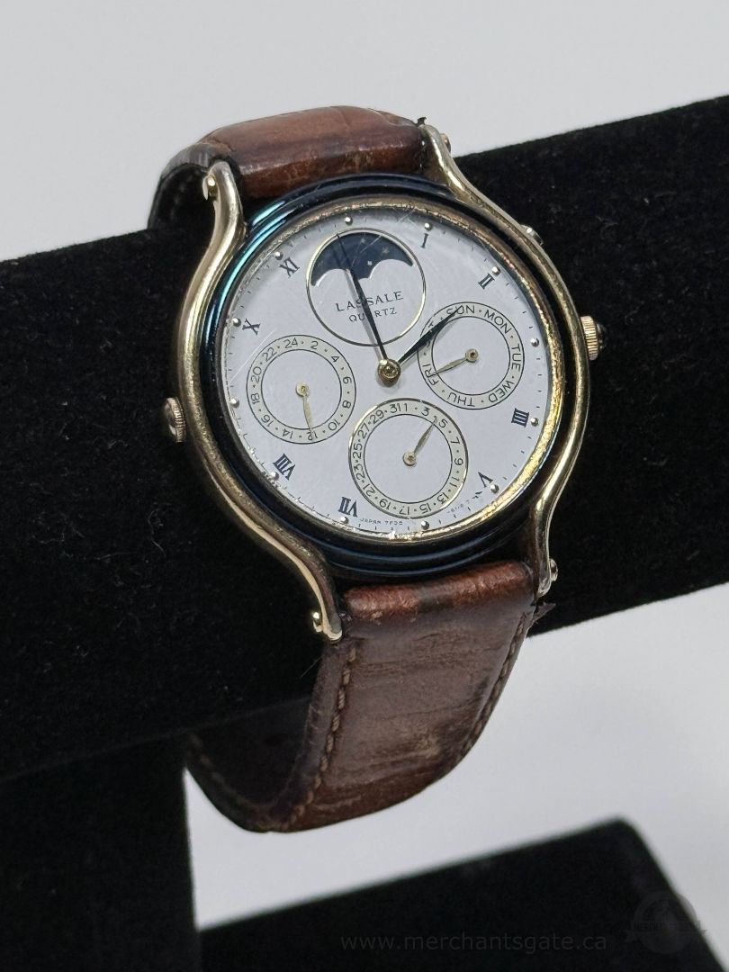 Seiko LaSalle Quartz Moonphase Calendar Watch Day 24H Gold Tone Vintage Japan