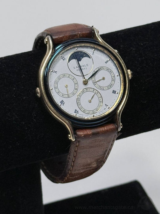 Seiko LaSalle Quartz Moonphase Calendar Watch Day 24H Gold Tone Vintage Japan