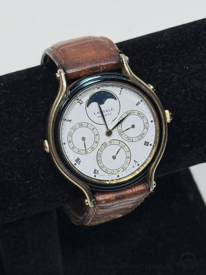 Seiko LaSalle Quartz Moonphase Calendar Watch Day 24H Gold Tone Vintage Japan