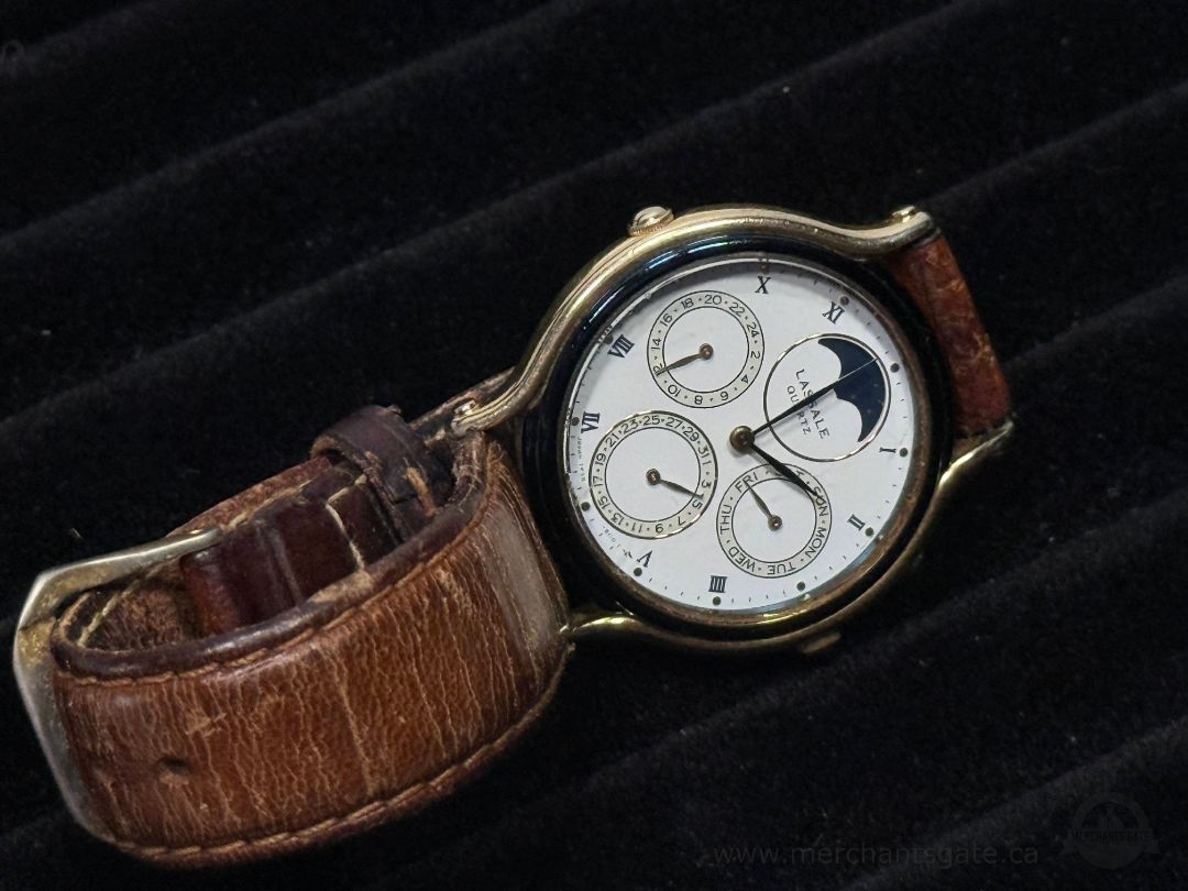 Seiko LaSalle Quartz Moonphase Calendar Watch Day 24H Gold Tone Vintage Japan