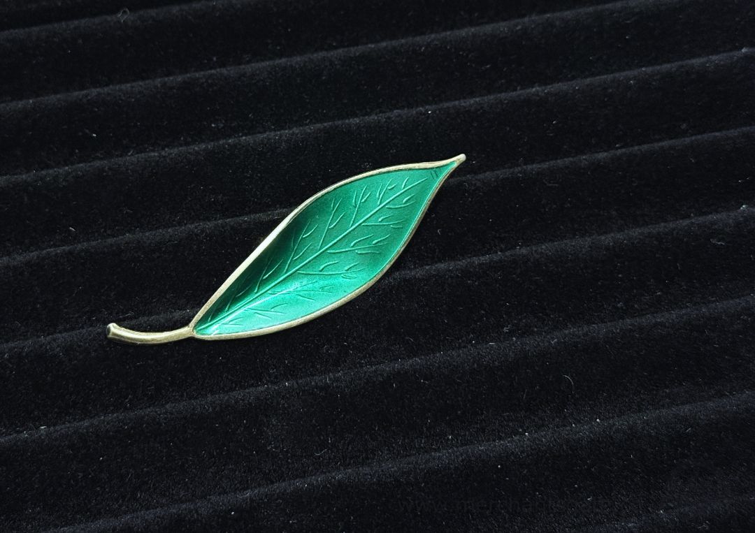 David Andersen Norway Sterling Silver Green Enamel Leaf Brooch 925 Vintage 3”