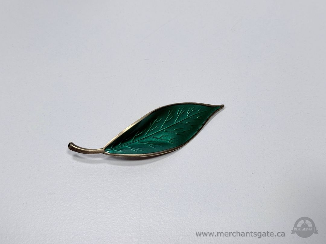 David Andersen Norway Sterling Silver Green Enamel Leaf Brooch 925 Vintage 3”