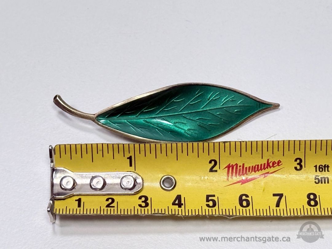 David Andersen Norway Sterling Silver Green Enamel Leaf Brooch 925 Vintage 3”