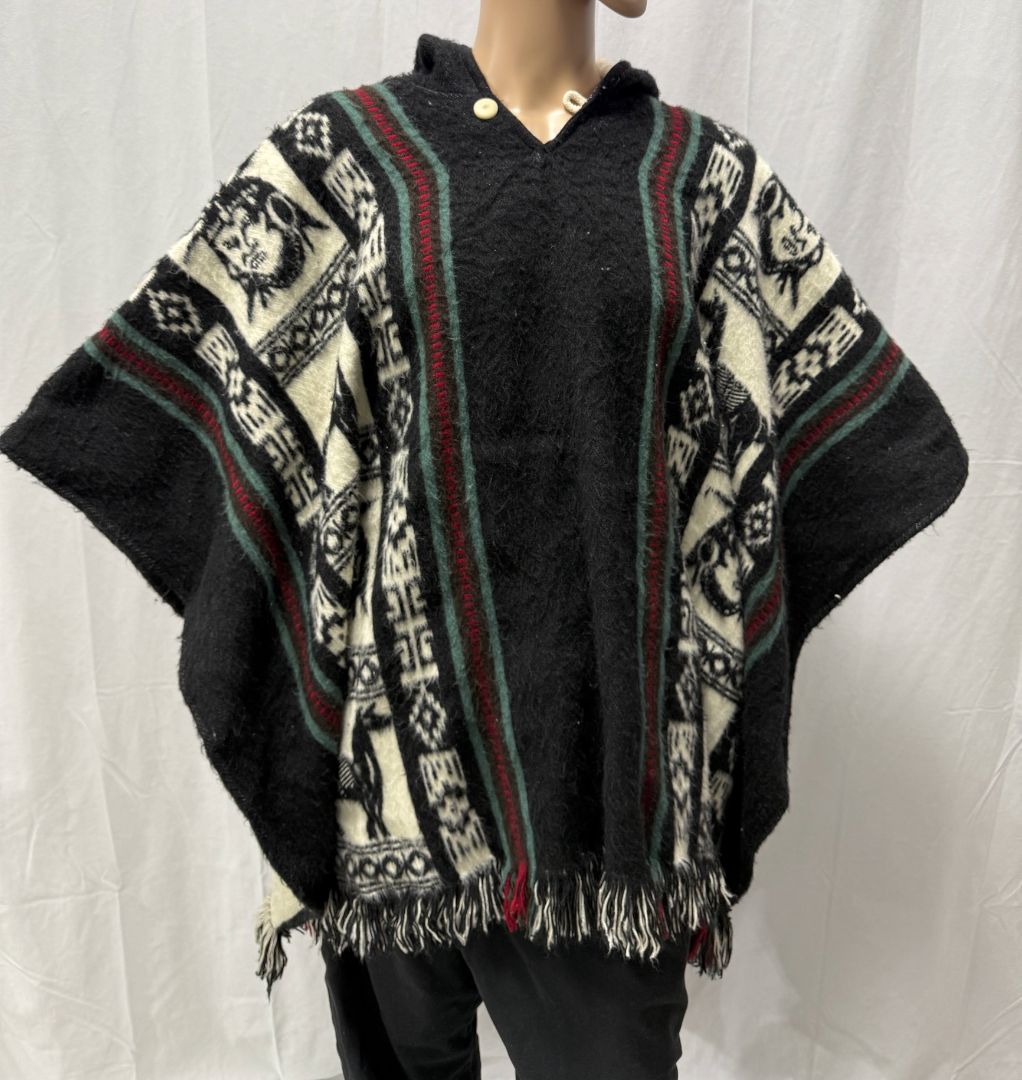 Vintage Indigenous Wool Poncho with Hood – Women’s L