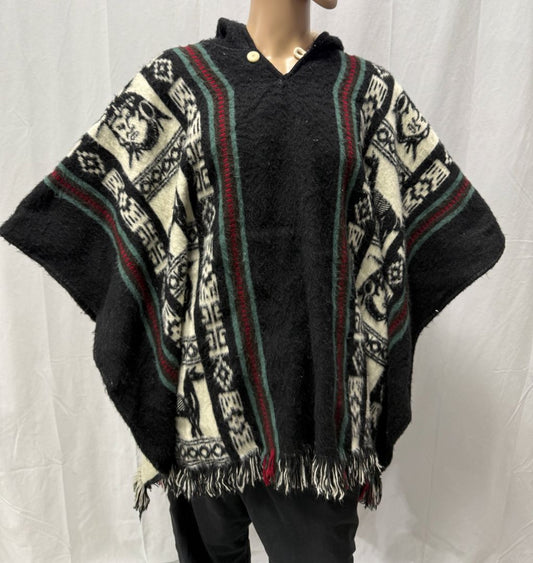 Vintage Indigenous Wool Poncho with Hood – Women’s L