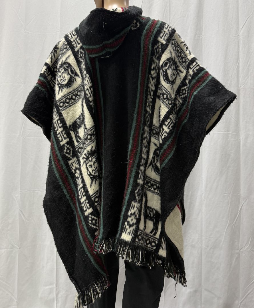 Vintage Indigenous Wool Poncho with Hood – Women’s L
