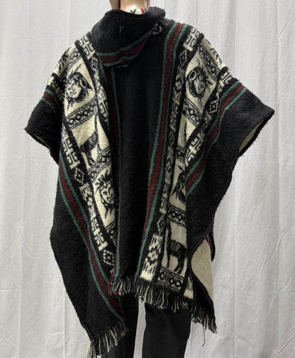 Vintage Indigenous Wool Poncho with Hood – Women’s L