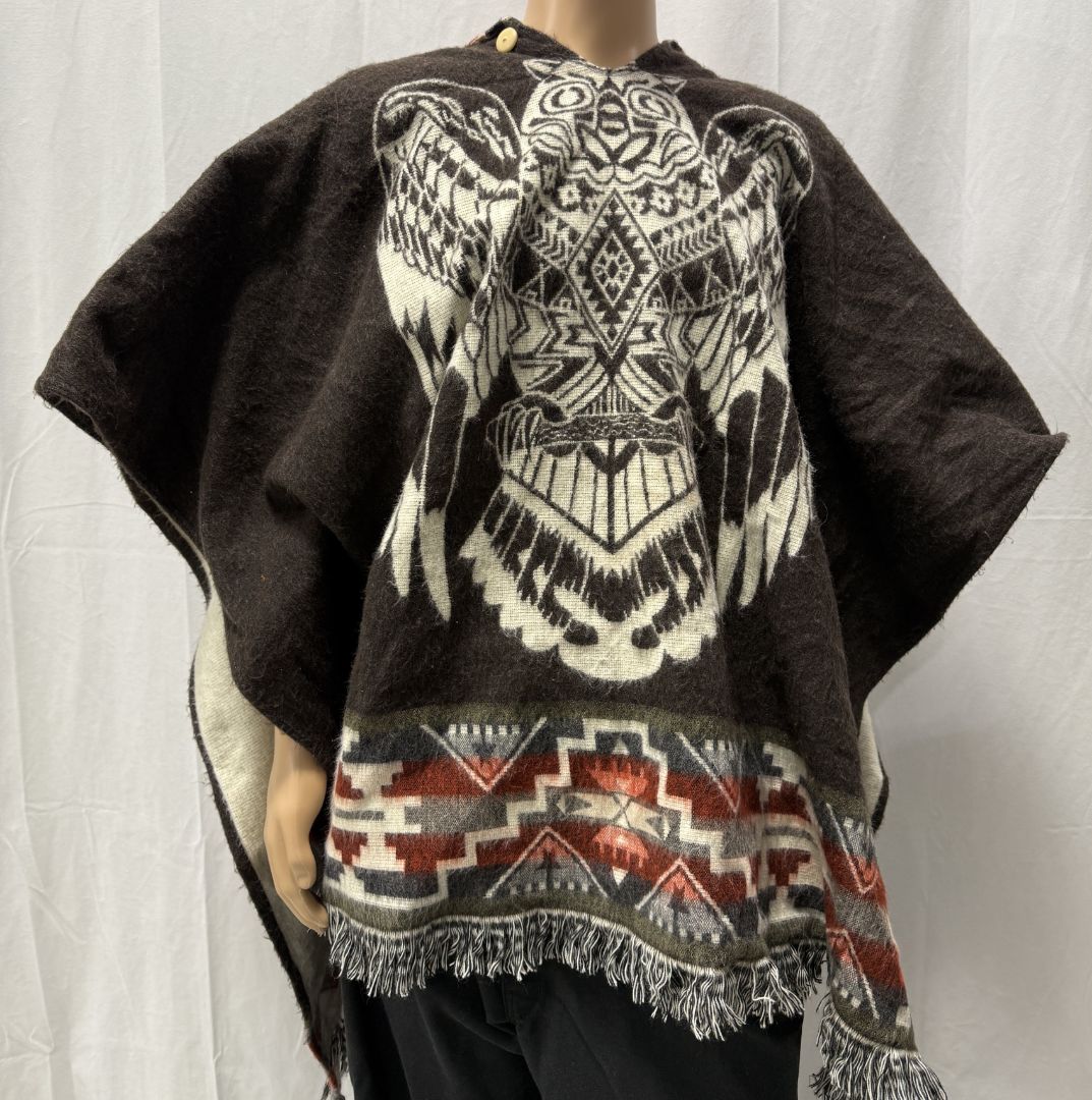 Vintage Indigenous Wool Poncho with Thunderbird Design – Women’s L