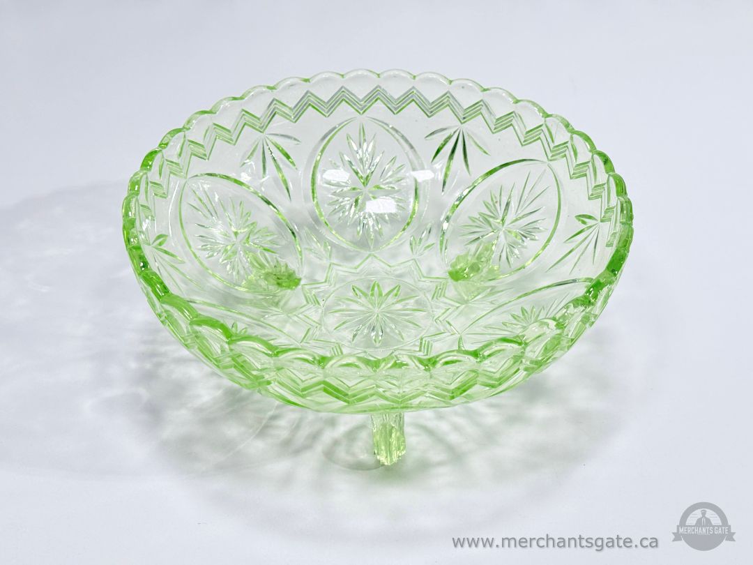 Vintage Green Pressed Glass Pedestal Bowl 8" Depression Era Style Serving Dish