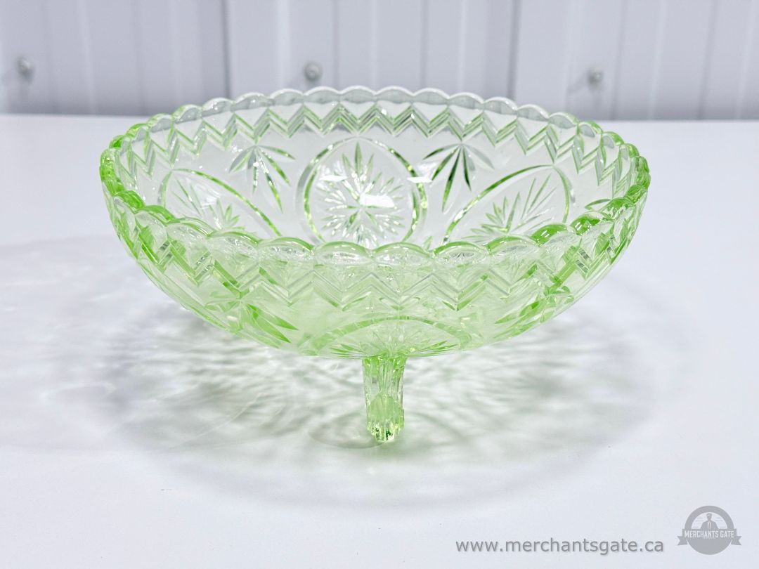 Vintage Green Pressed Glass Pedestal Bowl 8" Depression Era Style Serving Dish