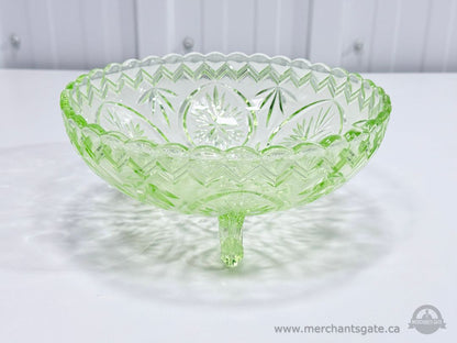 Vintage Green Pressed Glass Pedestal Bowl 8" Depression Era Style Serving Dish