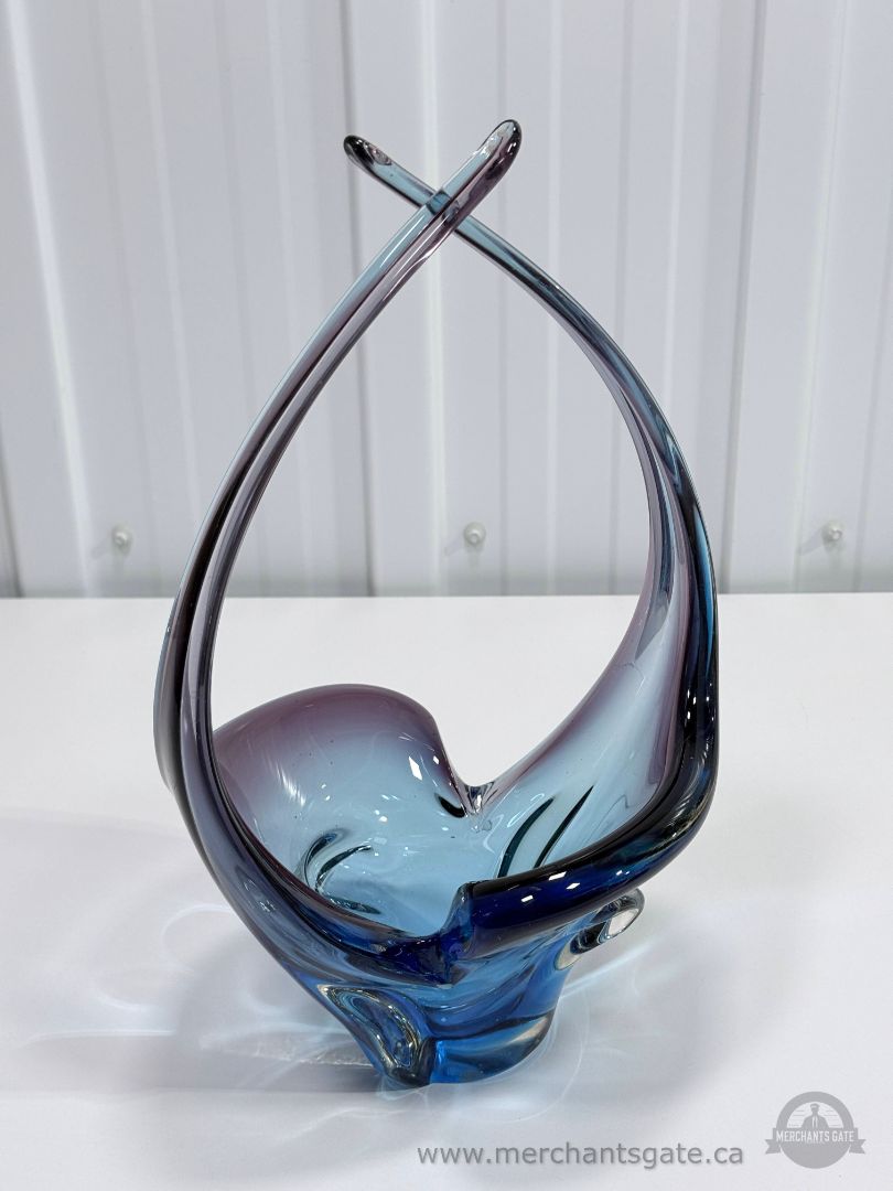 Vintage Chalet Style Art Glass Basket Blue Purple Hand Blown 14” Tall Sculpture