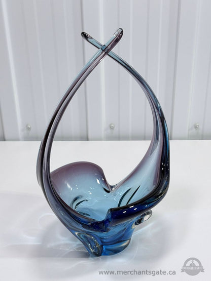 Vintage Chalet Style Art Glass Basket Blue Purple Hand Blown 14” Tall Sculpture