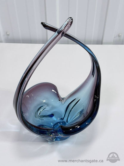 Vintage Chalet Style Art Glass Basket Blue Purple Hand Blown 14” Tall Sculpture
