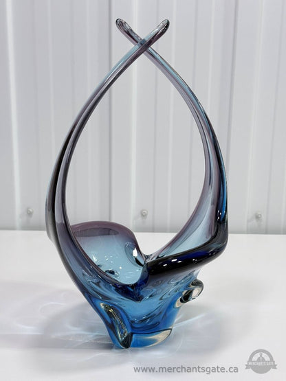 Vintage Chalet Style Art Glass Basket Blue Purple Hand Blown 14” Tall Sculpture
