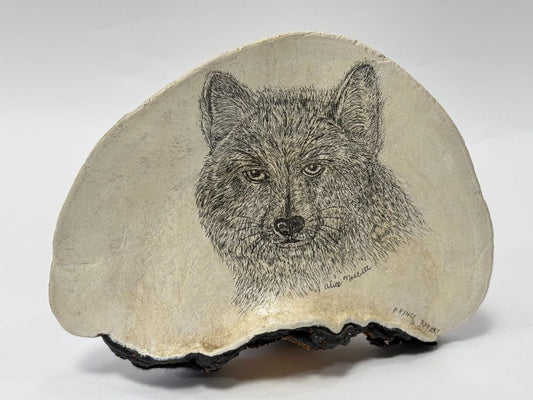Hand-Drawn Wolf on Wood-Like Shelf Fungus