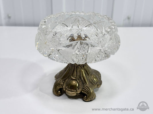 Vintage Cut Glass Pedestal Bowl Ornate Brass Base Candy Dish 5.5" Marked 5790