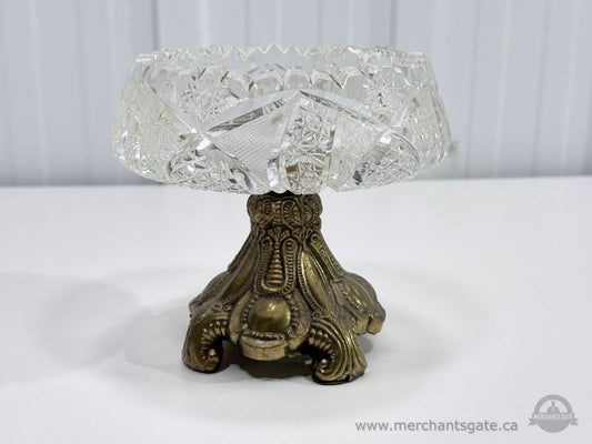 Vintage Cut Glass Pedestal Bowl Ornate Brass Base Candy Dish 5.5" Marked 5790