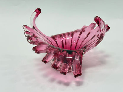 Pink Murano-Style Art Glass Bowl with Ruffled Edges