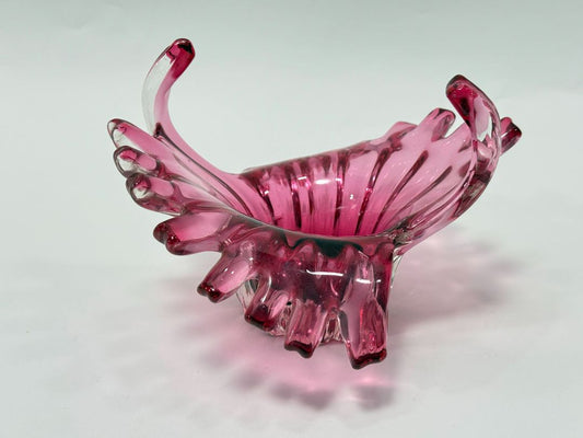 Pink Murano-Style Art Glass Bowl with Ruffled Edges