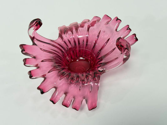 Pink Murano-Style Art Glass Bowl with Ruffled Edges