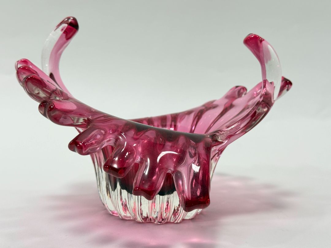Pink Murano-Style Art Glass Bowl with Ruffled Edges