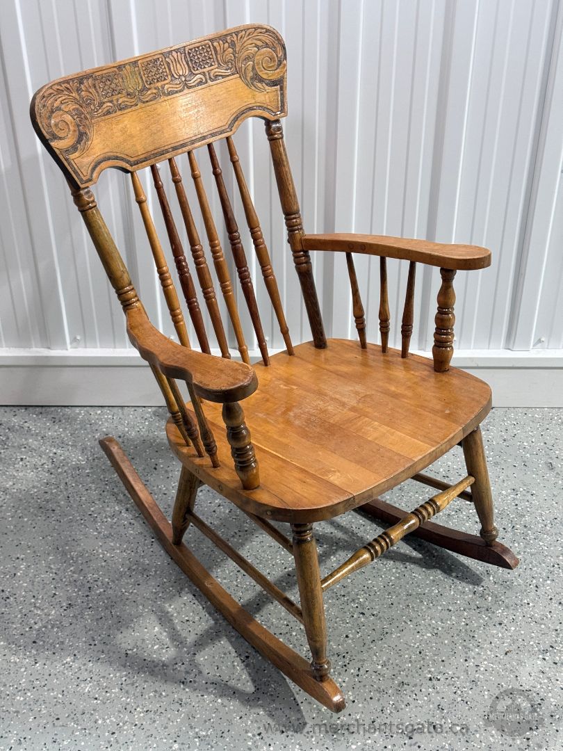 Vintage Solid Wood Rocking Chair Carved Back Spindle Armchair
