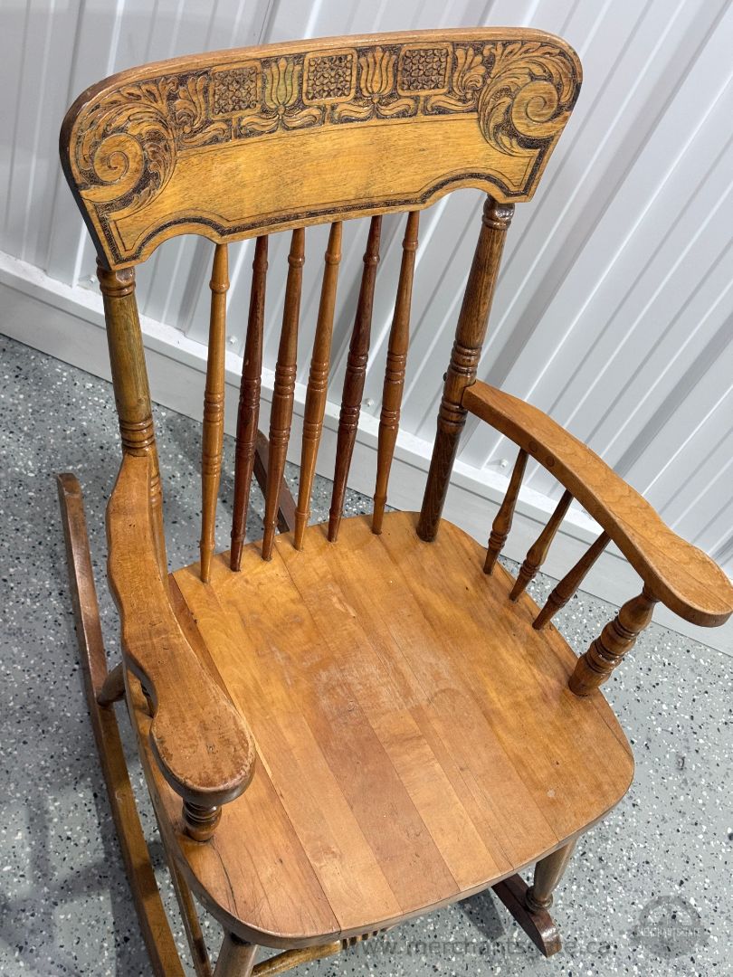 Vintage Solid Wood Rocking Chair Carved Back Spindle Armchair