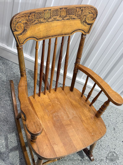Vintage Solid Wood Rocking Chair Carved Back Spindle Armchair
