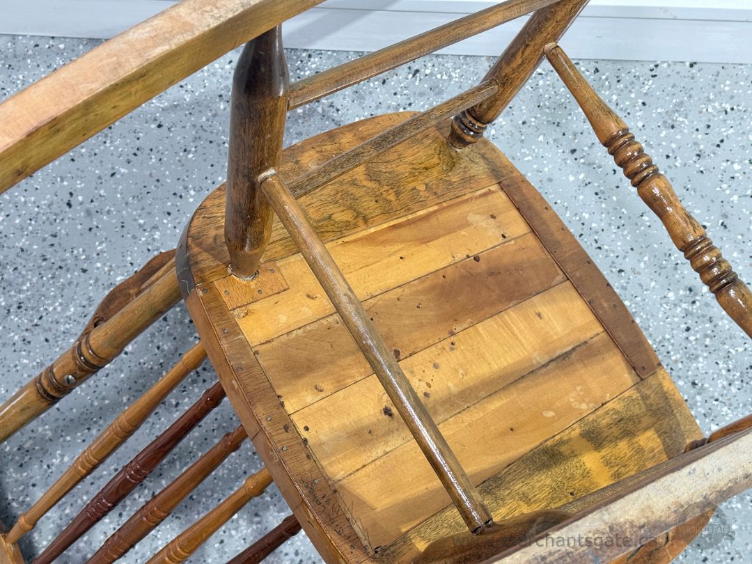Vintage Solid Wood Rocking Chair Carved Back Spindle Armchair