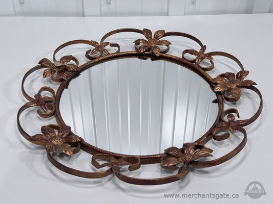 Vintage Floral Metal Wall Mirror Round Decorative Frame Copper Tone 16"