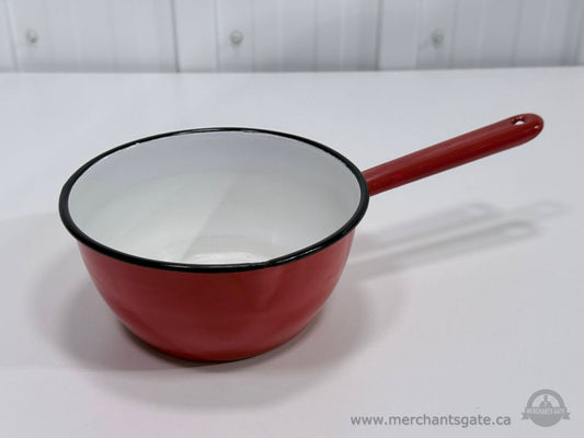 Vintage Red Enamel Saucepan Pot with Handle White Interior Made In Romania 16cm