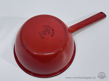Vintage Red Enamel Saucepan Pot with Handle White Interior Made In Romania 16cm