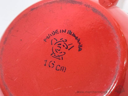 Vintage Red Enamel Saucepan Pot with Handle White Interior Made In Romania 16cm