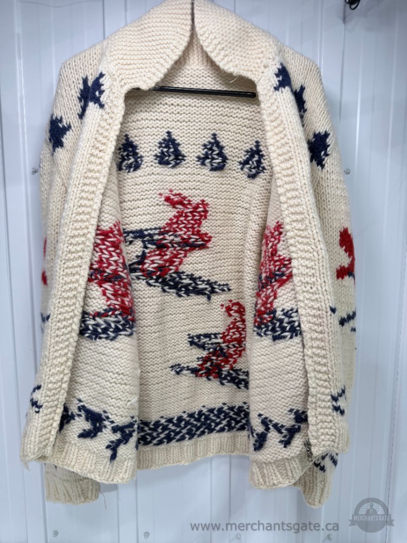 Hand Knit Cowichan Style Wool Sweater Ski Pattern Heavy Knit XXL