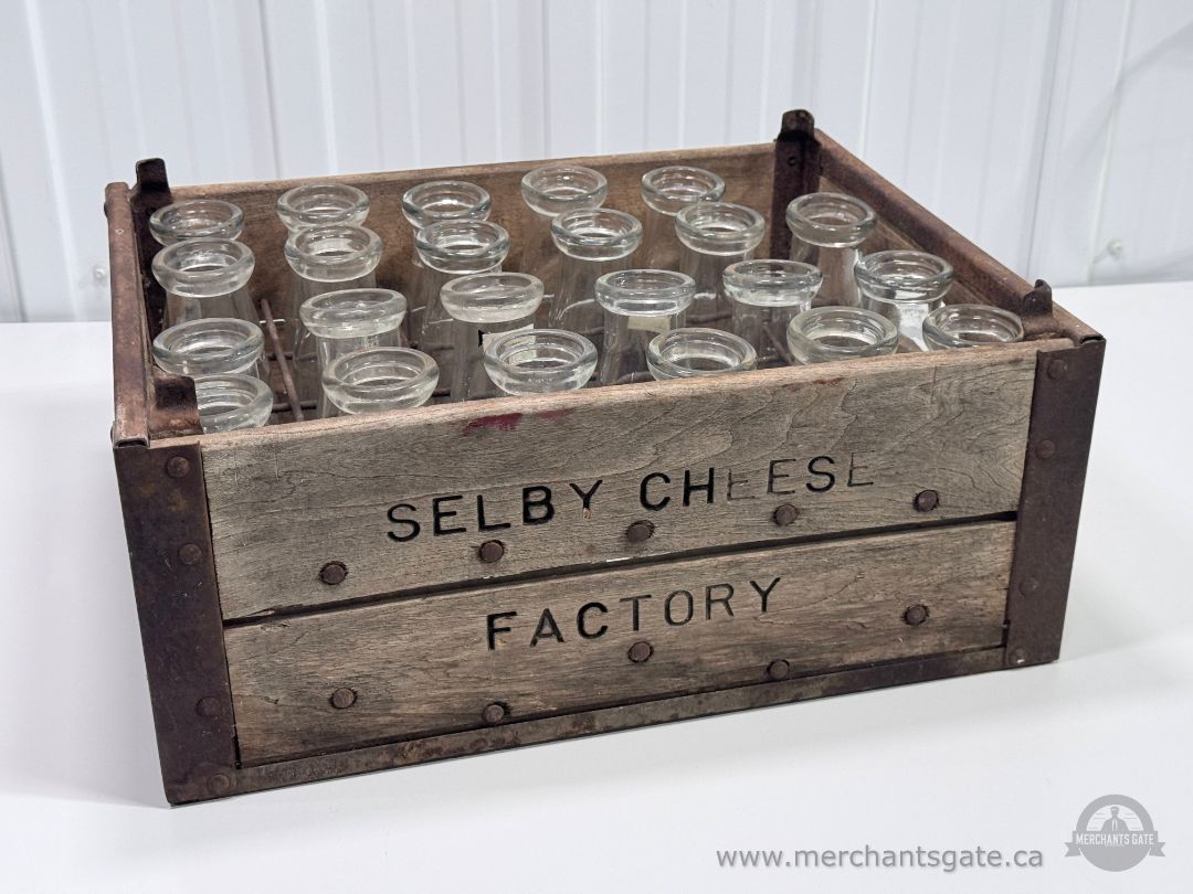 Antique Selby Cheese Factory Wooden Crate with Glass Milk Bottles Farmhouse Decor