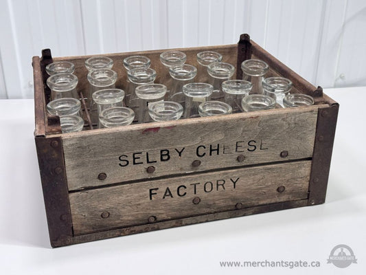 Antique Selby Cheese Factory Wooden Crate with Glass Milk Bottles Farmhouse Decor