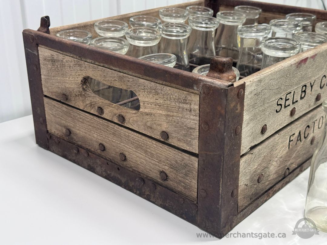 Antique Selby Cheese Factory Wooden Crate with Glass Milk Bottles Farmhouse Decor