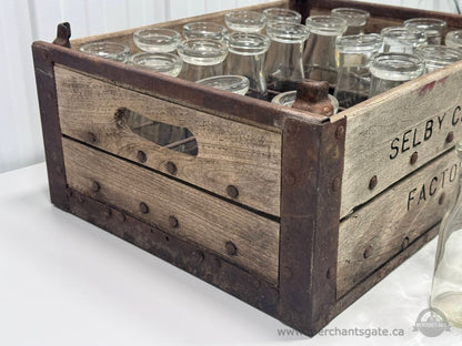 Antique Selby Cheese Factory Wooden Crate with Glass Milk Bottles Farmhouse Decor